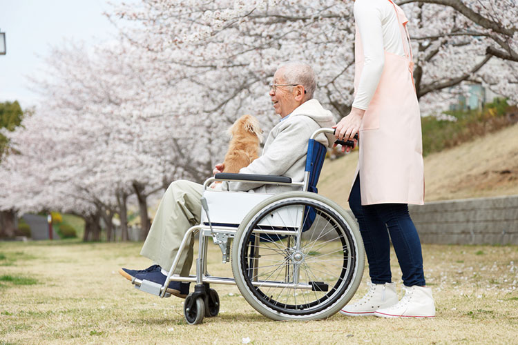 old man with dementia in wheelchair is able to move around outside the aged care facility