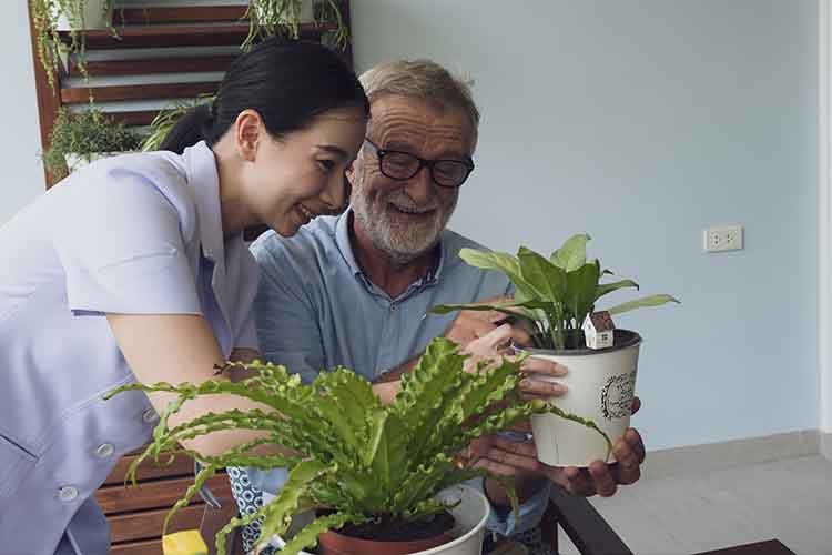 Elderly male and healthcare worker holding plants | Image 